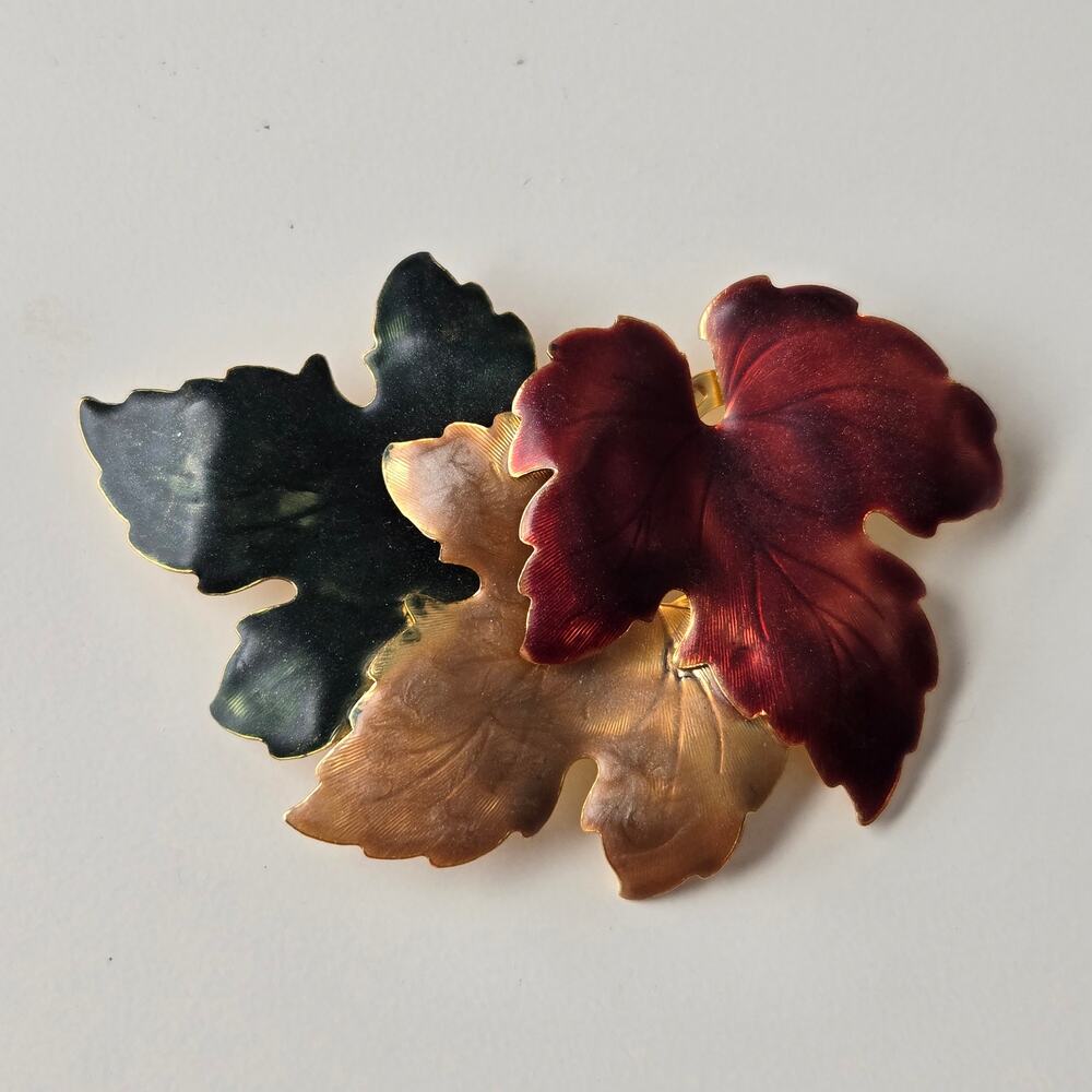 Vintage 1990's 3" Goldtone Enameled 3 Fall Colored Maple Leaf Pin Brooch